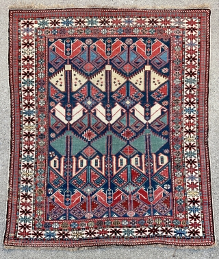 Caucasian Shirvan Rug in nice squarish size with rare pattern and beautiful colors, has some old repairs - extra pictures on request  - 4'0 x 4'7 - 122 x 143 cm. 