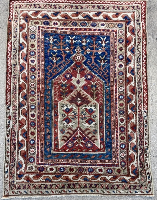 West Anatolian Prayer Rug woven upside down with beautiful colors, including a deep purple, apricot, yellow and gorgeous blues. Preserved in very good original condition. Extra pictures available on request - 4'2  ...