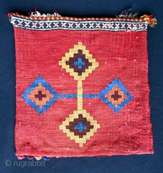 Qashqai chanteh or vanity bag, flatwoven.  12 X 13".  Good condition; some fraying at top and bottom.  Similar to Plate 92 in From Bosporus to Samarkand: Flat woven Rugs.  ...