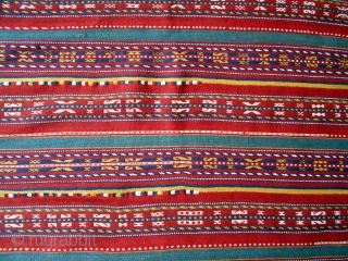 Uzbek horse cover, 41 X 59 inches excluding frills.  Nice piece with good dyes; probably early 20th.  In excellent shape, just one dime-sized reweave in field (see).    