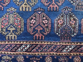 Afshar, c. 1940. 229cm x 152cm. Wool on cotton, full pile with minimal wear. Double boteh design.                