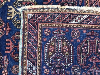Afshar, c. 1940. 229cm x 152cm. Wool on cotton, full pile with minimal wear. Double boteh design.                