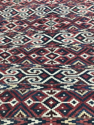 19c. Yomut kilim with red, yellow, indigo, and green. Natural colors, great condition. 203cm x 94cm.                 