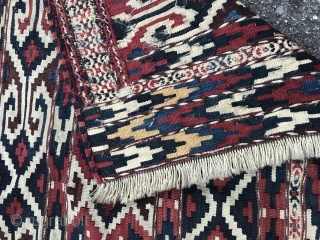19c. Yomut kilim with red, yellow, indigo, and green. Natural colors, great condition. 203cm x 94cm.                 