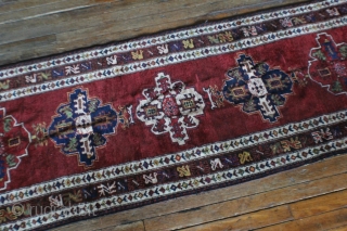 Kelardasht runner, early 20c. Nice and tightly woven with bold colors and details throughout. 10"6" x 3"7" From the private collection of a Charleston couple.        