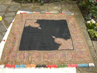 A very crisp good condition 19th century Indian shawl embroidered in silk on cashmere, signed , a few small moth holes in the black otherwise perfect 160 x 165cm .New Find  