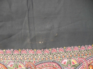 A very crisp good condition 19th century Indian shawl embroidered in silk on cashmere, signed , a few small moth holes in the black otherwise perfect 160 x 165cm .New Find  