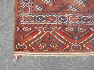 A good late 19th century Yomut carpet approx 9ft6 x 5ft6. Generally sound condition, some low area to the centre and damage to one end, can be repaired or used as is.  ...