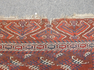 A good late 19th century Yomut carpet approx 9ft6 x 5ft6. Generally sound condition, some low area to the centre and damage to one end, can be repaired or used as is.  ...