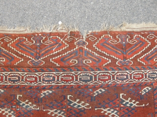 A good late 19th century Yomut carpet approx 9ft6 x 5ft6. Generally sound condition, some low area to the centre and damage to one end, can be repaired or used as is.  ...