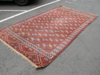 A good late 19th century Yomut carpet approx 9ft6 x 5ft6. Generally sound condition, some low area to the centre and damage to one end, can be repaired or used as is.  ...