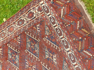 An unusual early yomut main carpet 300x165cm. Worn mainly in the center but complete.
Price does not include shipping
               