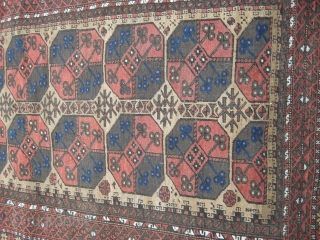 An attractive antique Beluch rug c1900, camel ground with piled ends. Lightly worn with some corrosion, could benefit from a ligth clean. 6ft x 3ft6 approx.       