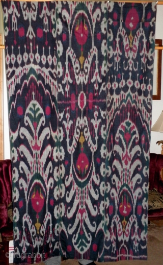     

   This is a beautiful old 19th. century Tajik 
   Ikat panel, measuring 45" wide by 76" long.
   The ikat panel is  ...