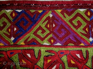    Here is a very large and stunning Ersari Turkoman embroidered purse.

  The truest color representtation is in my second photo (close up).

Measuring 6 1/2" X 9" the piece  ...