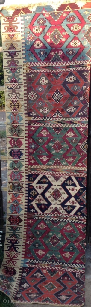 Here is a beautiful old Aleppo kelim fragment from around 1800.
The piece is in decent condition for it's age, not delicate or 
brittle at all,fine weave and nice handle.  The kelim  ...