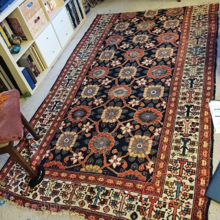 Monumental Northwest Persian Kurdish minakhani fragmented long rug. Size is 4'10"x8'2". Several blues and greens with aubergine. Bottom border missing.             