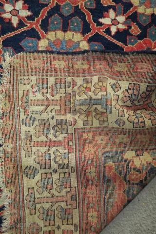 Monumental Northwest Persian Kurdish minakhani fragmented long rug. Size is 4'10"x8'2". Several blues and greens with aubergine. Bottom border missing.             