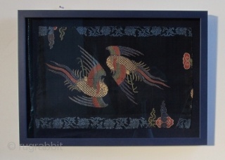 Gold brocaded silk fragment- Kangxi period.
High quality gold brocaded silk fragment with two birds, early Kangxi, 2nd half 17th century. It was possibly part of a chair cover and altered in Tibet  ...