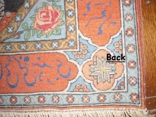 Finely woven Tabris Persian rug.  Circa 1910's.  Embossed writing and embossed field pattern.  One of the finest quality in this pattern.  Touch of silk in the corners.   ...