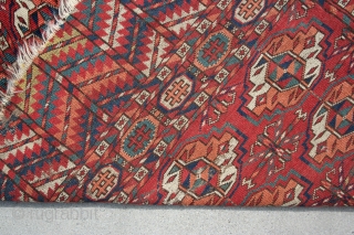 TEKKE small rug (wedding?). 41" x 53" from the 4th quarter of the 19th Century.  Missing a bit on both sides. Interesting primary side borders.One area (shown) that needs re-knotting. Glossy,  ...