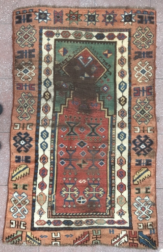 An east Anatolian prayer rug , circa : first half 19th century in condition as photos daylights above.
Beautiful colors nice details and as you see someone has prayered too much on :-)  ...