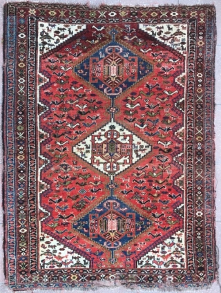 Charming and Small size Khamseh Rug, very fine quality in condition as in photos . Good dyes , nice colors and organic Chickens :-)  Size : 145x107cm , Please don't ask  ...