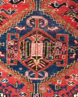 Charming and Small size Khamseh Rug, very fine quality in condition as in photos . Good dyes , nice colors and organic Chickens :-)  Size : 145x107cm , Please don't ask  ...