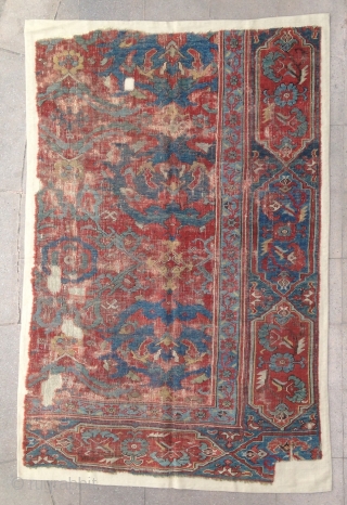 Very elegant Ushak ( called izmir also ! )  fragment ! circa 18th century .
Beautiful cartouches Border and Ottoman pattern inner border ! to see the Chintamani design in field .  ...