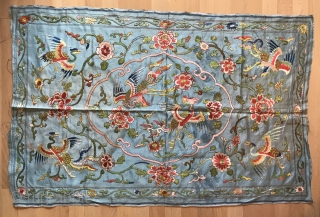 Cool and interesting Chinese embroidery circa 19th century ! 
Nice colors Silk and metal Embroidered on a Japanese blue silk satin !
Good condition ! Needs to be cleaned !  Size :  ...