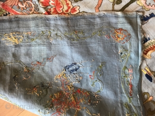 Cool and interesting Chinese embroidery circa 19th century ! 
Nice colors Silk and metal Embroidered on a Japanese blue silk satin !
Good condition ! Needs to be cleaned !  Size :  ...