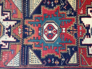 September sale :
Pretty Caucasian rug ( Lezgi ) with a nice Kufik border and colours.
Size : 141x92
Circa : 1870s
              