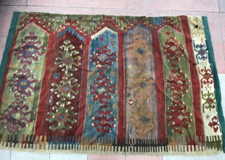 Fragment of an Anatolian kilim so called Saf . Cool piece ! Size : 182x122cm
Circa 1850 or 3/4 years before:-) price : SOLD.          