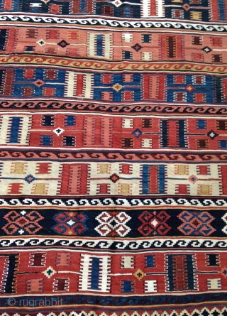 Charming Qashkai Kilim , 
Beautiful graphic and good condition except some very small damaged places as in Photos .
Some cotton highlights .
Size : 233x160
Circa : 19th.       