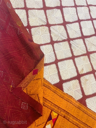 Antique Chand Bagh from Punjab. Phulkari work is done with untwisted floss silk yarn called pat and typically produced with the use of darn style stitching on the opposite side of the  ...