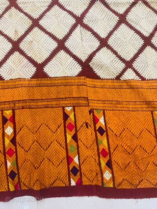 Antique Chand Bagh from Punjab. Phulkari work is done with untwisted floss silk yarn called pat and typically produced with the use of darn style stitching on the opposite side of the  ...