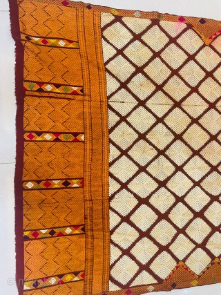 Antique Chand Bagh from Punjab. Phulkari work is done with untwisted floss silk yarn called pat and typically produced with the use of darn style stitching on the opposite side of the  ...