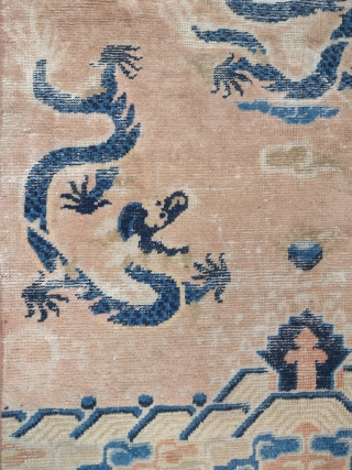 This is an antique Chinese Ningxia rug woven circa 19th century and it measures 172 x 110 in CM.Its design consists of five Dragons with five claws set on a nice color  ...