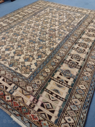 This is an antique Daghestan rug woven circa 1920 and it measures 140 x 120 in CM.
It features a beautiful mihrab design on a nice color, filled with amazing ethnic designs and  ...