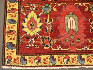 Amazing Antique Caucasian Karabakh (Qarabag) Carpet, 19th Century,

395 × 295 cm (12' 11" × 9' 8")

The ivory field wit overall design of stylised cypress trees, shaped floral panels, angular floral sprays and  ...