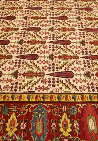 Amazing Antique Caucasian Karabakh (Qarabag) Carpet, 19th Century,

395 × 295 cm (12' 11" × 9' 8")

The ivory field wit overall design of stylised cypress trees, shaped floral panels, angular floral sprays and  ...