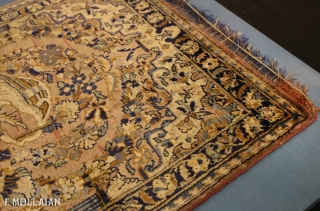 This is an antique silk Kashan mat rug woven in central Persian circa 1900. Finding a small silk Kashan is uncommon and having one with this design makes this example a truly  ...