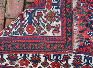 Large Southwest Persian Rug/Bag Face-- approx 26 × 41”

Bird motifs in large white main border with running dog minor border. Possibly Khamseh Confederation.

Ex James Douglas personal collection. Mr. Douglas was a scholar  ...
