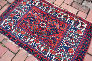 Large Southwest Persian Rug/Bag Face-- approx 26 × 41”

Bird motifs in large white main border with running dog minor border. Possibly Khamseh Confederation.

Ex James Douglas personal collection. Mr. Douglas was a scholar  ...
