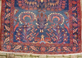 Hamadan Runner. 3 ft 7 in  x 10 ft 1 in-- Deep blue with soft vegetable colors and lots of interesting abrashes. Classic Art Deco floral motif with some tribal nuances.  ...