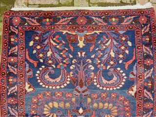 Hamadan Runner. 3 ft 7 in  x 10 ft 1 in-- Deep blue with soft vegetable colors and lots of interesting abrashes. Classic Art Deco floral motif with some tribal nuances.  ...