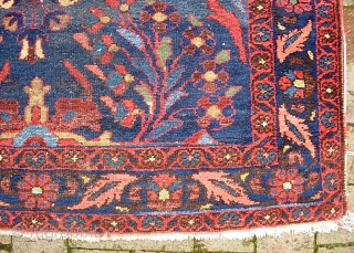 Hamadan Runner. 3 ft 7 in  x 10 ft 1 in-- Deep blue with soft vegetable colors and lots of interesting abrashes. Classic Art Deco floral motif with some tribal nuances.  ...