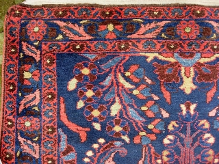 Hamadan Runner. 3 ft 7 in  x 10 ft 1 in-- Deep blue with soft vegetable colors and lots of interesting abrashes. Classic Art Deco floral motif with some tribal nuances.  ...