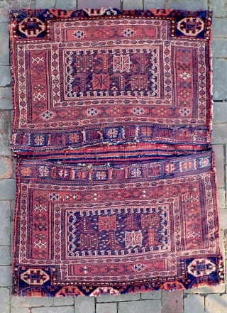 Huge Bahktiari double bag -- c. 1900 if not older. Each bag measures around 26 x 40 inches. Piled panels on the bottom and elaborate back kelims with so called "flag" inset.  ...