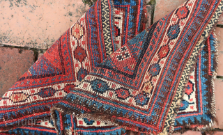 Rare Pair Persian Chanta Bag Faces--  approx 12 × 12” each bag face.

Diagonal stripes with white borders. Possibly Veramin. Charming, colorful, small personal pieces. 
Ex James Douglas personal collection. Mr. Douglas  ...